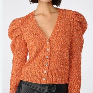 Karl Lagerfeld Paris Confetti Puff Shoulder Wool Blend Button Cardigan Sweater